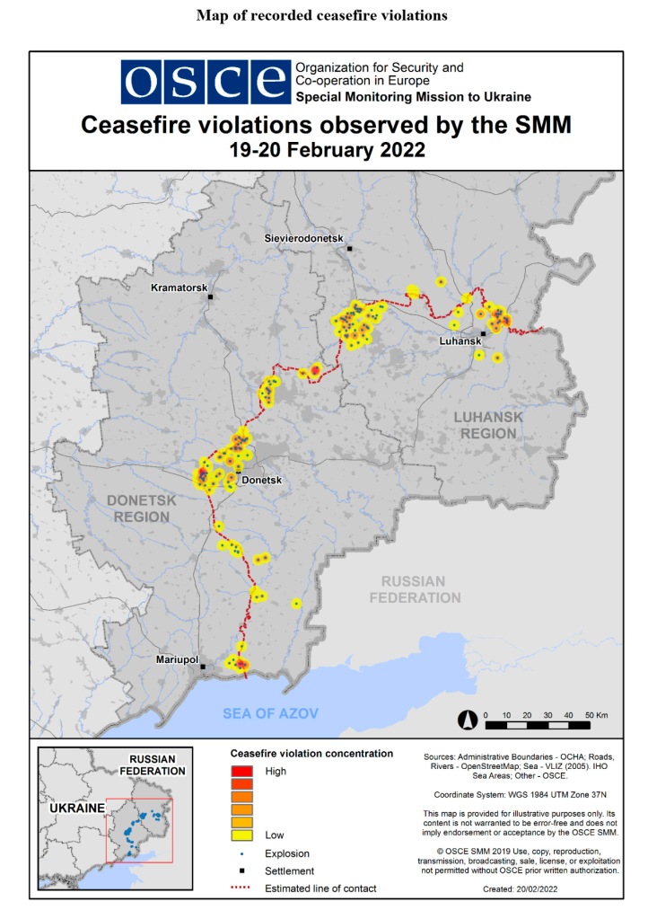 Violaciones del Alto el Fuego en el Donbás, 19-20/02/2022. Fuente OSCE.